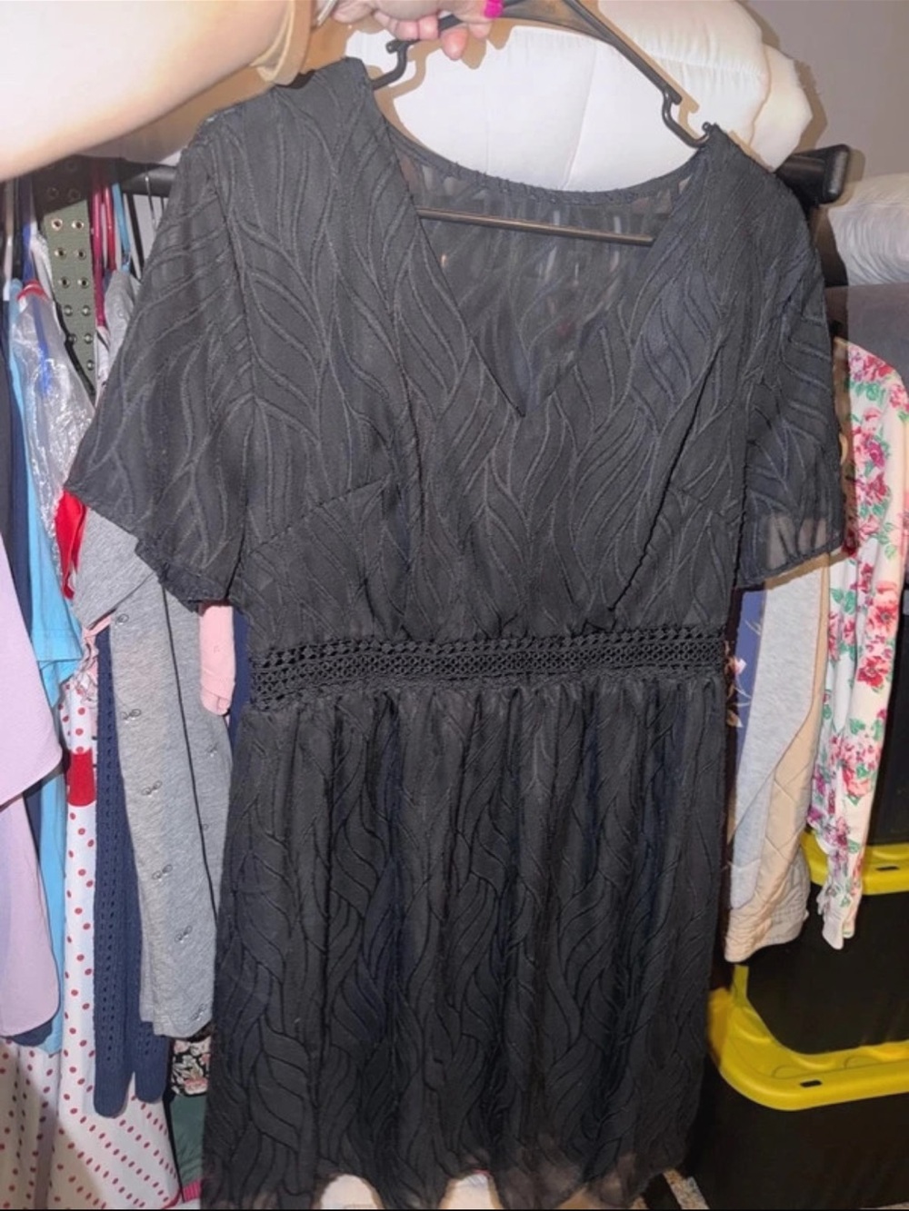 SHEIN Black V-Neck Crochet-Waist Lace Overlay Short Sleeve Dress